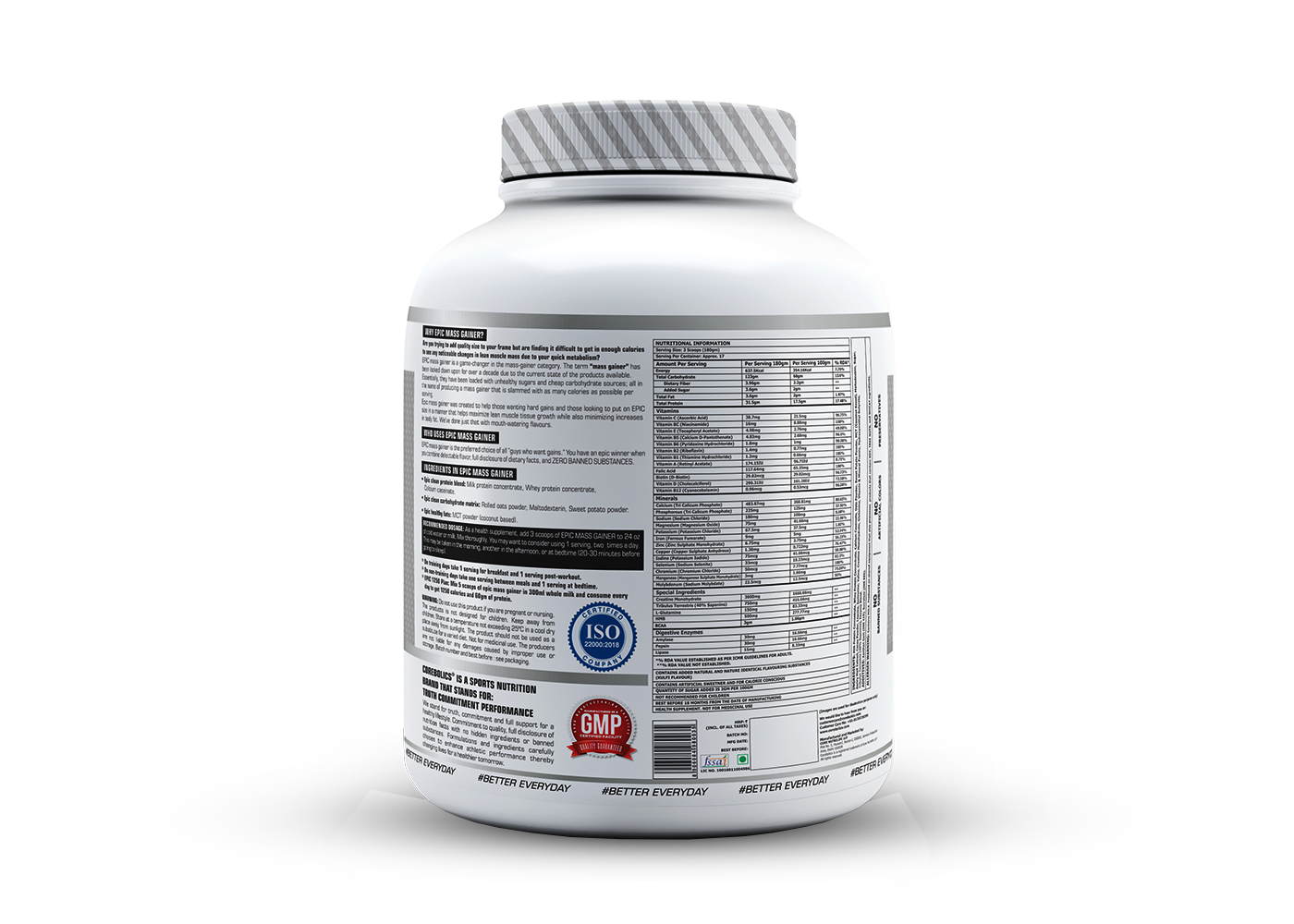 Corebolics Epic Mass Gainer(3 kg, 50 Servings)+ free gym bag and Calcium ( 30 Tablets)
