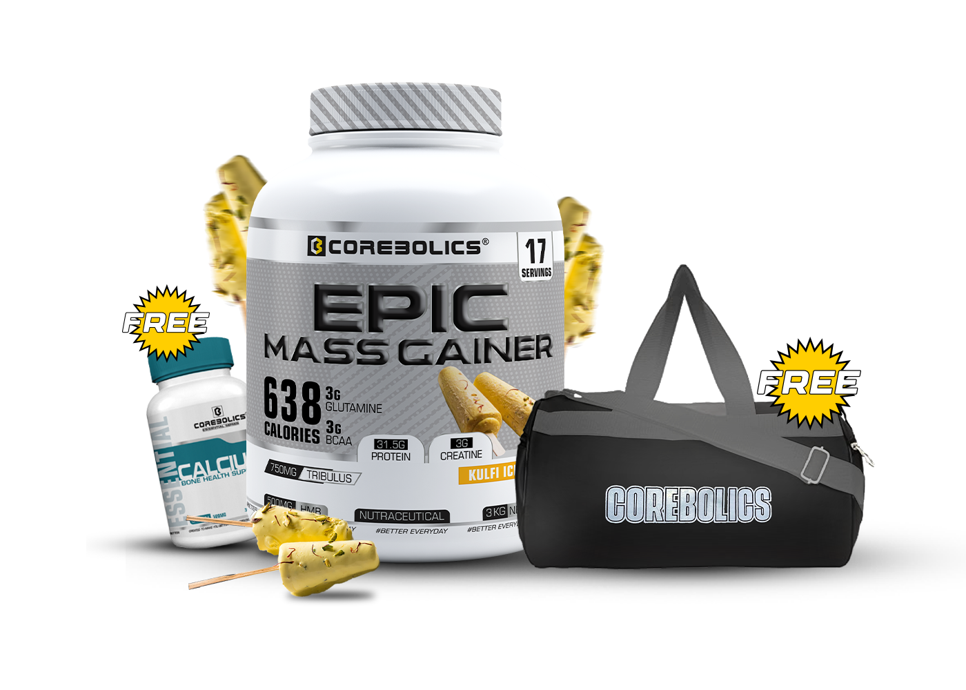 Corebolics Epic Mass Gainer(3 kg, 50 Servings)+ free gym bag and Calcium ( 30 Tablets)