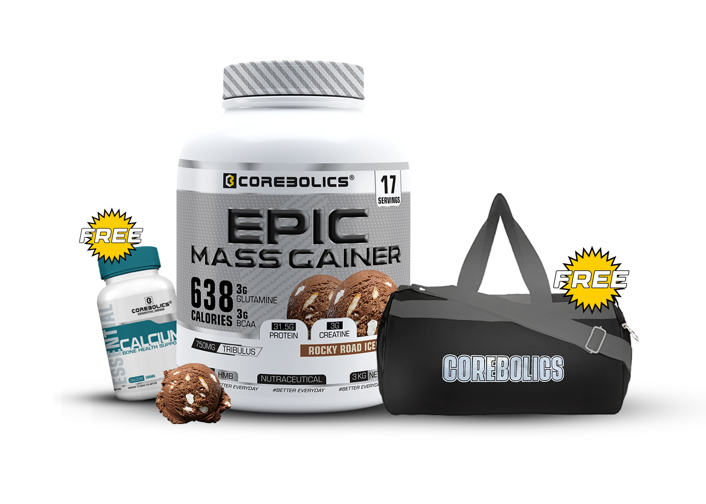 Corebolics Epic Mass Gainer(3 kg, 50 Servings)+ free gym bag and Calcium ( 30 Tablets)