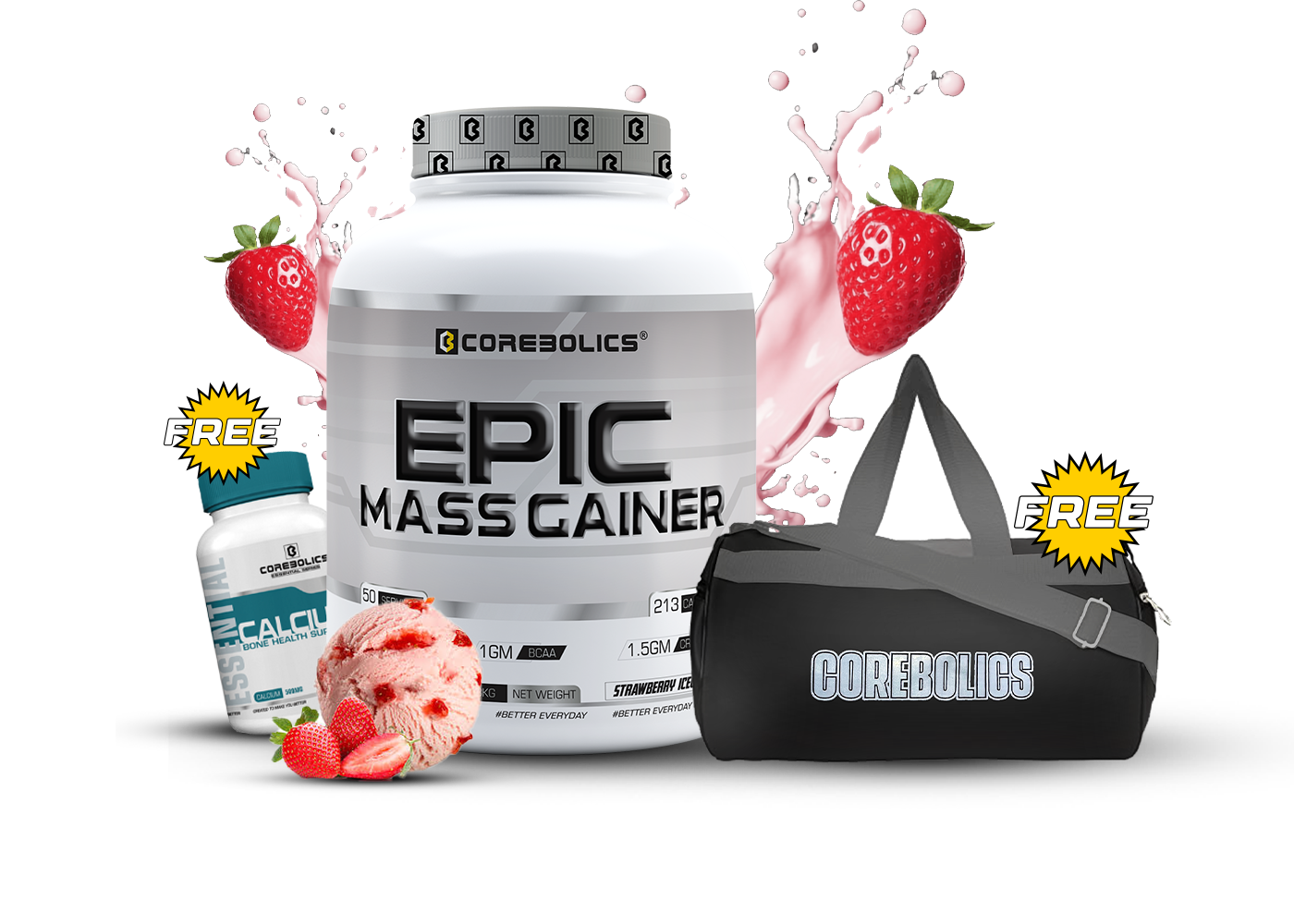 Corebolics Epic Mass Gainer(3 kg, 50 Servings)+ free gym bag and Calcium ( 30 Tablets)