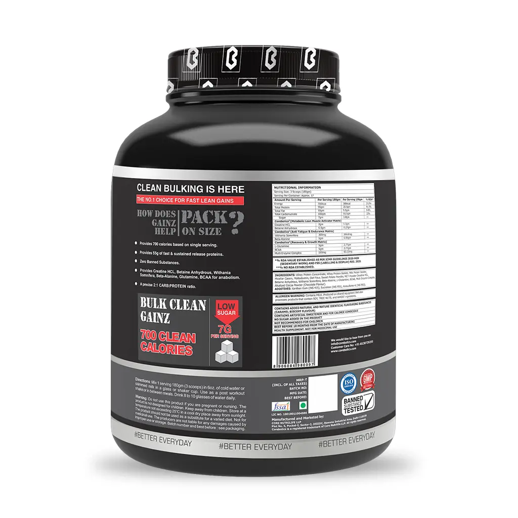 Corebolics Gainz -Lean Mass Gainer (3 kg, 17 Servings)