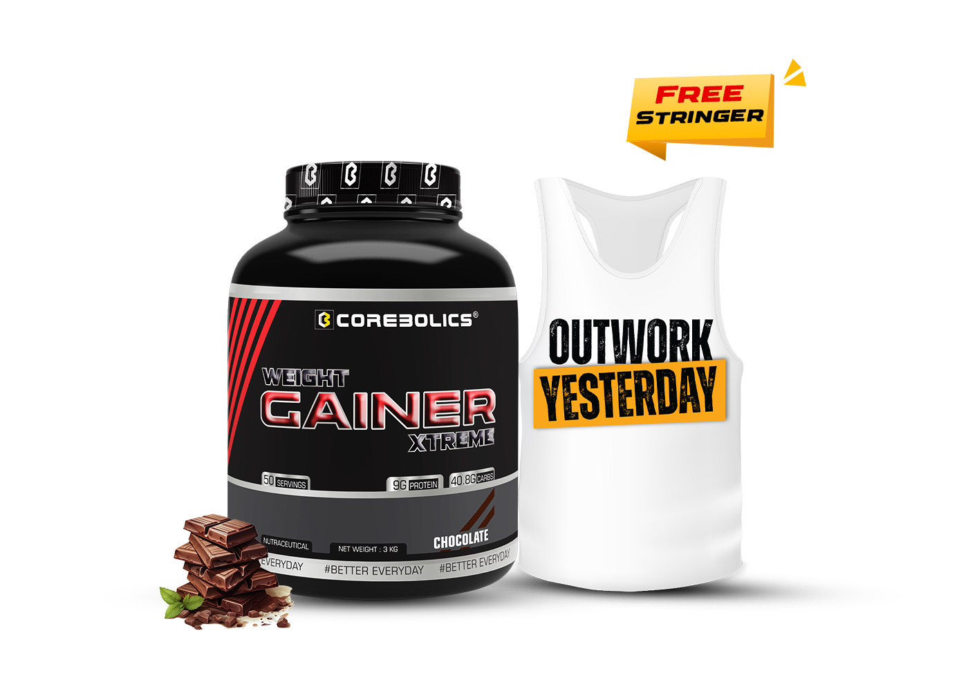 Corebolics Weight Gainer Xtreme ( Chocolate, 3 kg, 50 Servings ) + Free Stringer