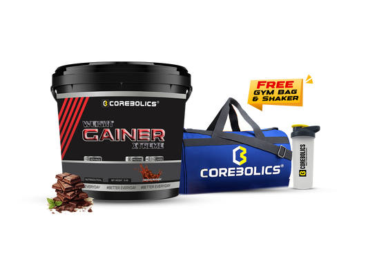 Corebolics Weight Gainer Xtreme ( Chocolate, 5 kg, 83 Servings ) + FREE GYM BAG and Shaker