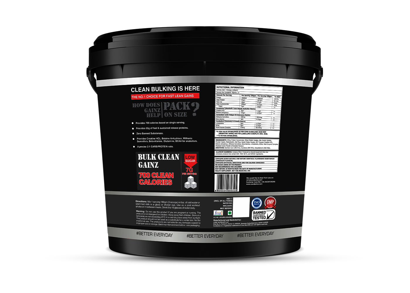 Corebolics Gainz -Lean Mass Gainer (5 kg, 27 Servings)  + FREE GYM BAG