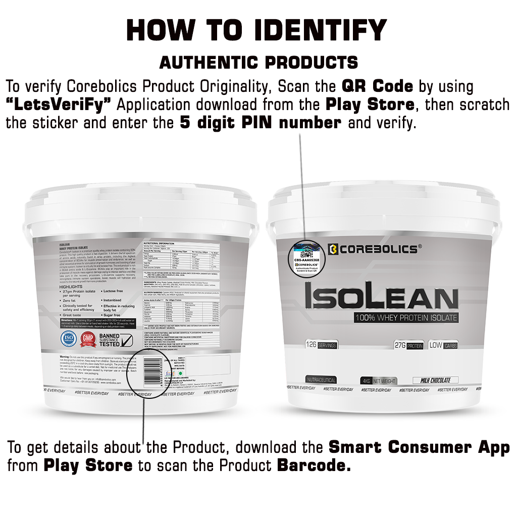 Corebolics Isolean -100% Whey Protein Isolate (4 kg, 126 Servings) + FREE GYM BAG,T-SHIRT and SHAKER