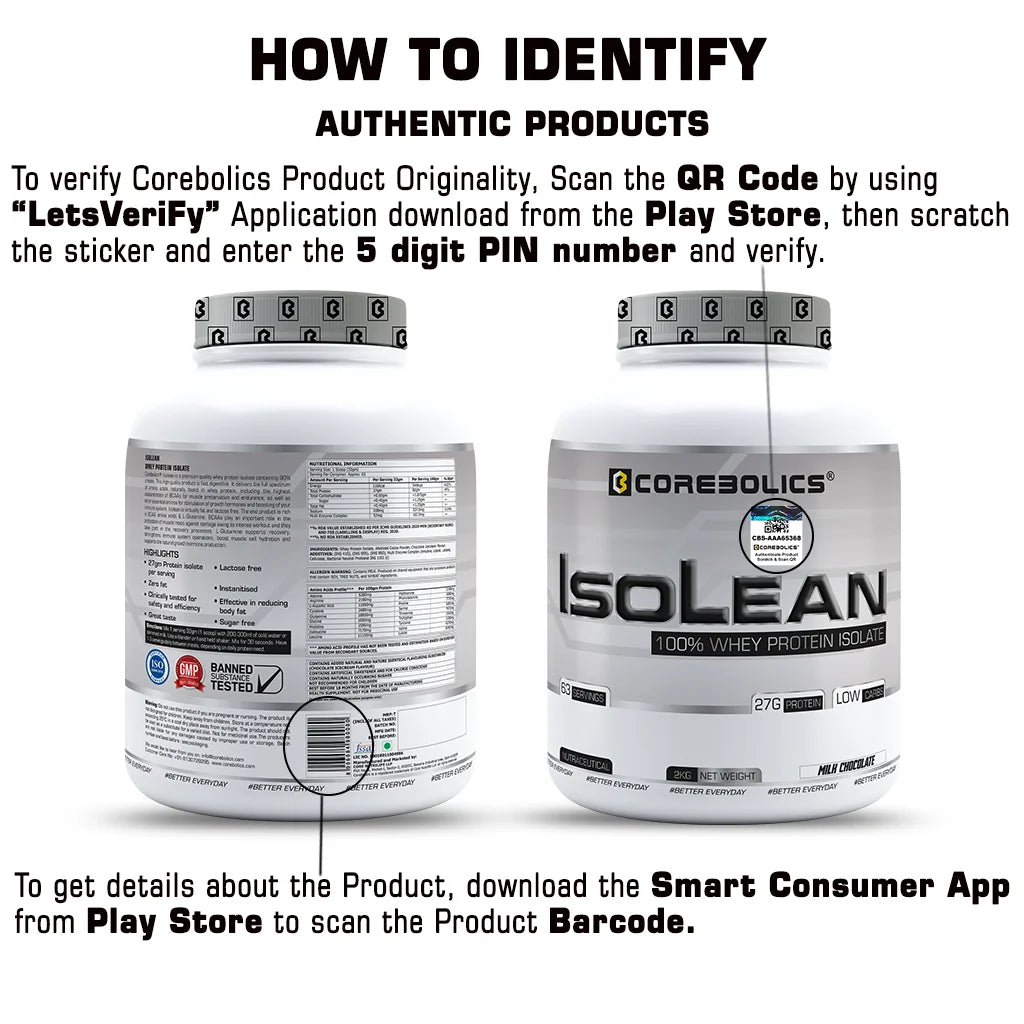 Corebolics Isolean -100% Whey Protein Isolate (2 kg, 63 Servings)