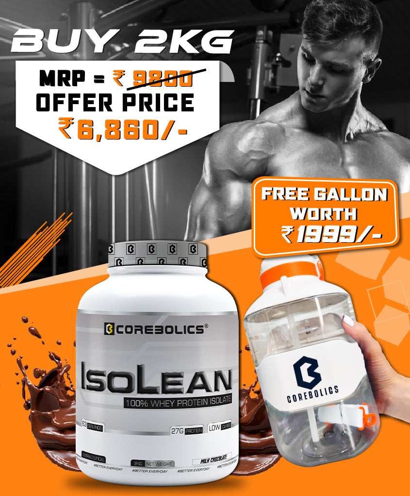 Corebolics Isolean -100% Whey Protein Isolate (2 kg, 63 Servings) + Gallon of 2.2 Litre FREE
