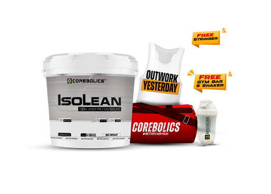 Corebolics Isolean - 100% Whey Protein Isolate ( 4 kg, 126 Servings ) + FREE GYM BAG, Stringer and SHAKER
