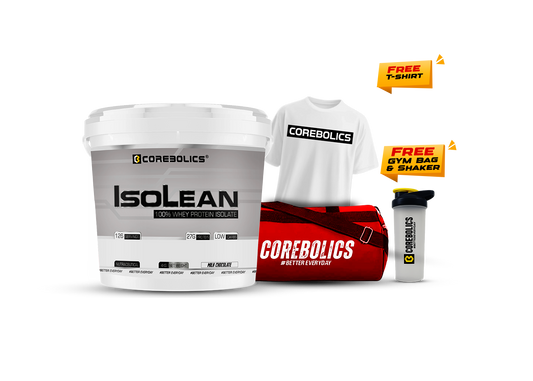 Corebolics isolean whey protein isolate 4kg chocolate icecream flavor with  t-shirt, bag & shaker