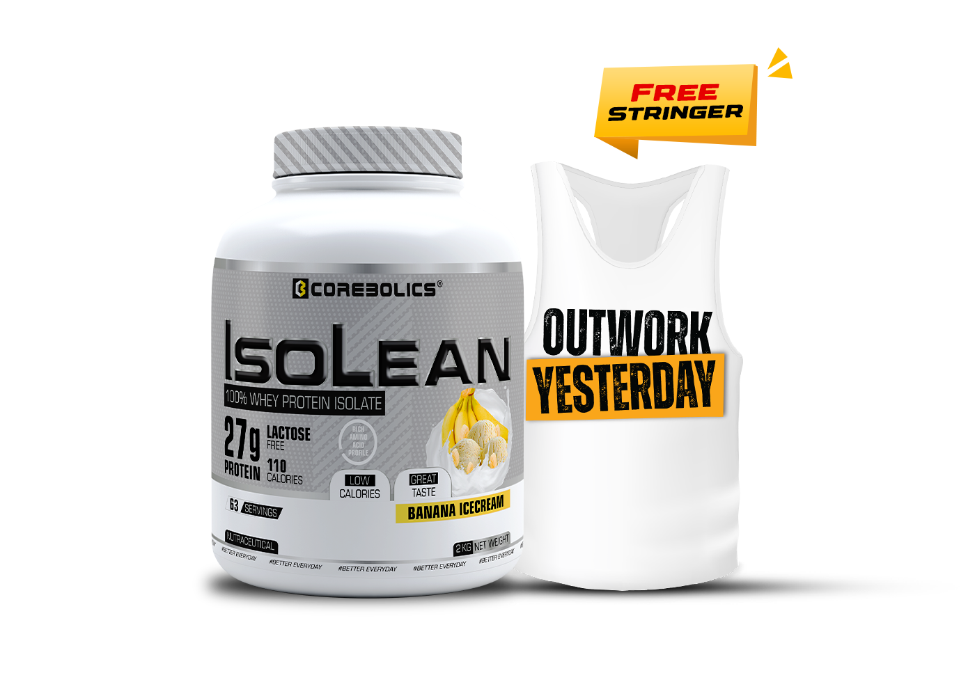 Corebolics Isolean 100% Whey Protein Isolate ( 2 kg, 63 Servings ) + FREE STRINGER