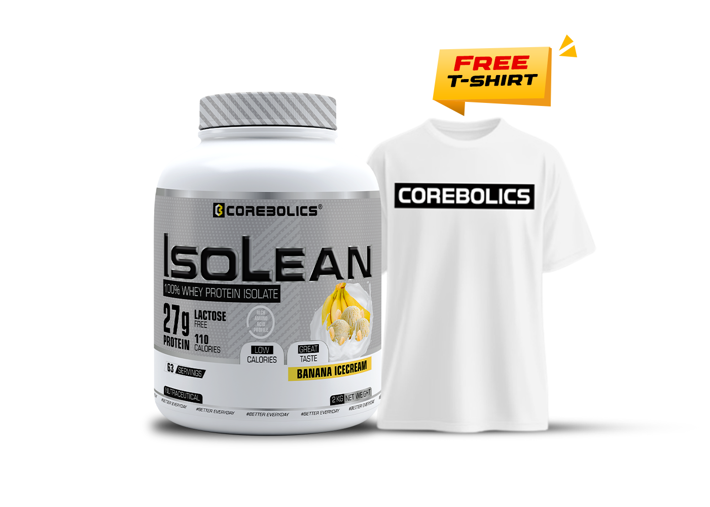 Corebolics Isolean 100% Whey Protein Isolate ( 2 kg, 63 Servings ) + FREE T-Shirt