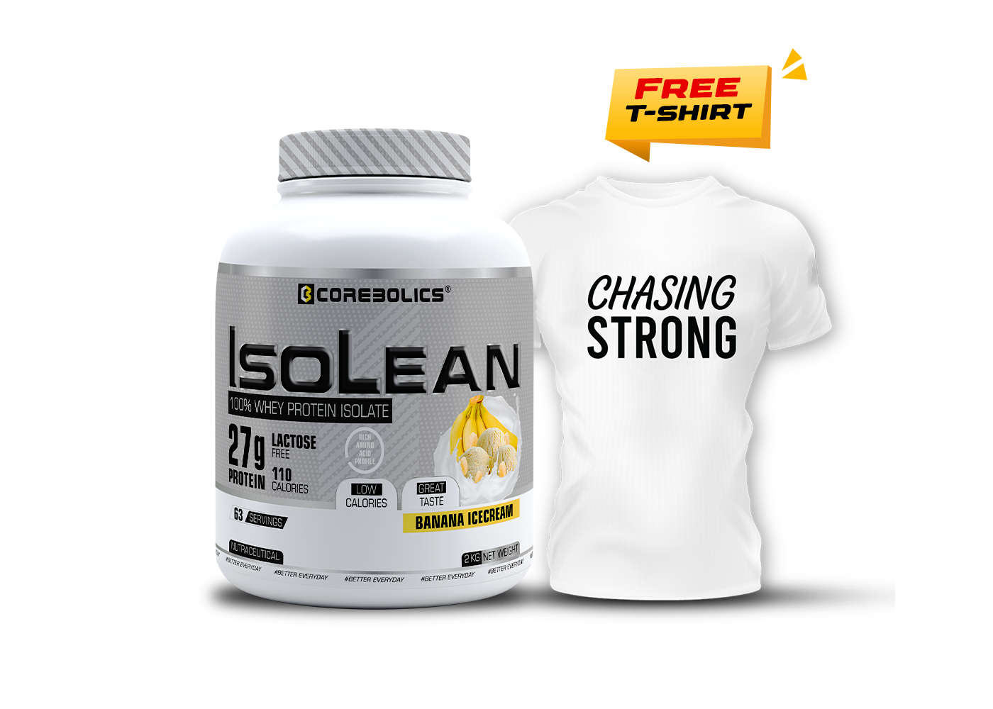 Corebolics Isolean 100% Whey Protein Isolate ( 2 kg, 63 Servings ) + FREE  Samples And Protein Bar