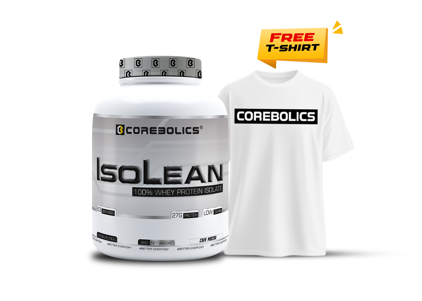 Corebolics Isolean 100% Whey Protein Isolate ( 2 kg, 63 Servings ) + FREE T-Shirt