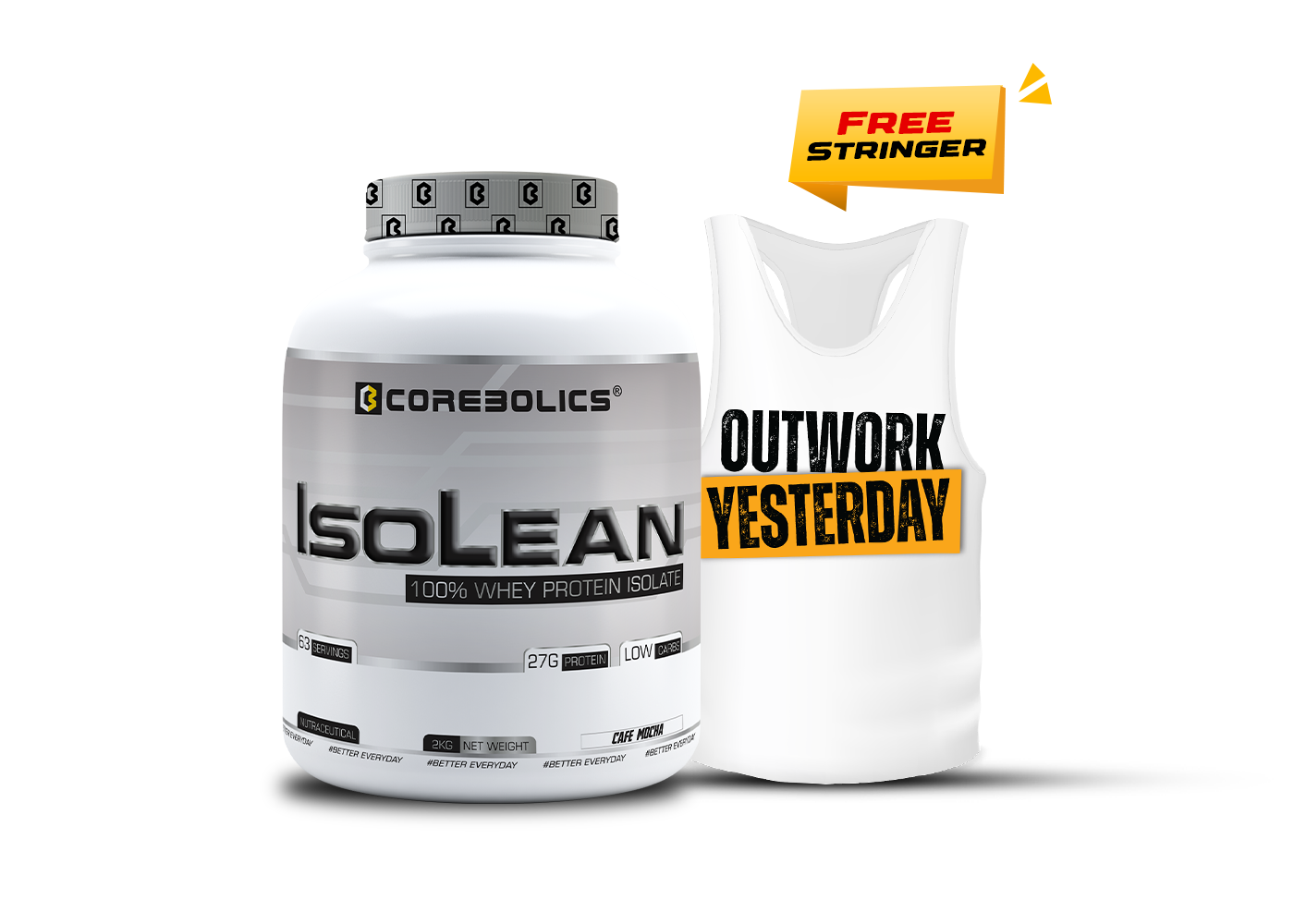 Corebolics Isolean 100% Whey Protein Isolate ( 2 kg, 63 Servings ) + FREE STRINGER