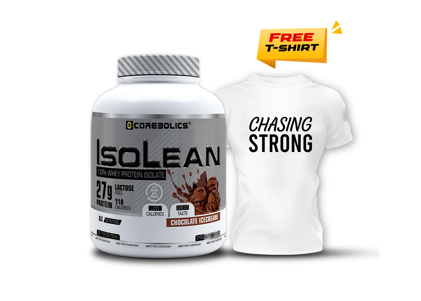 Corebolics Isolean 100% Whey Protein Isolate ( 2 kg, 63 Servings ) + FREE  Samples And Protein Bar