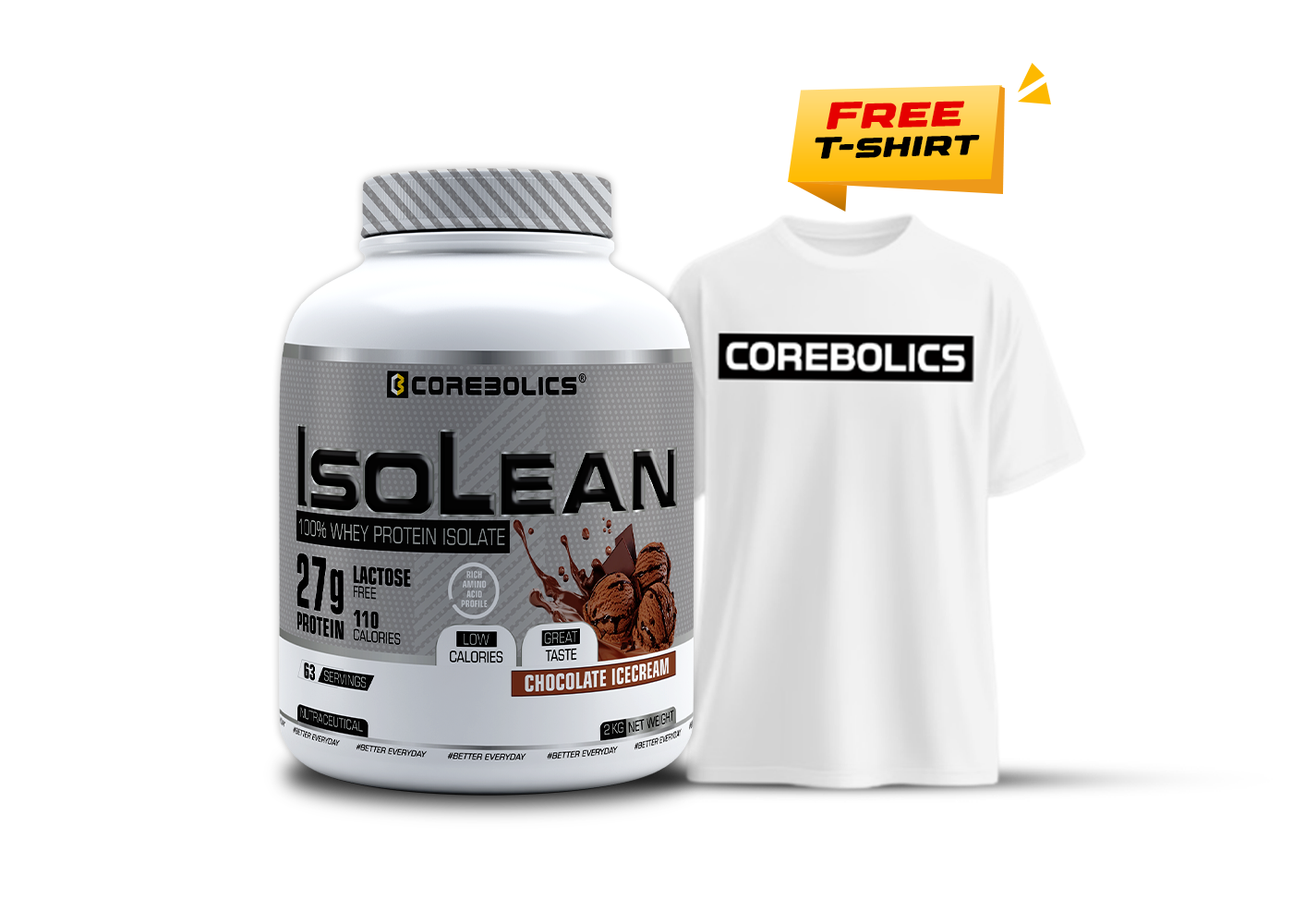 Corebolics Isolean 100% Whey Protein Isolate ( 2 kg, 63 Servings ) + FREE T-Shirt