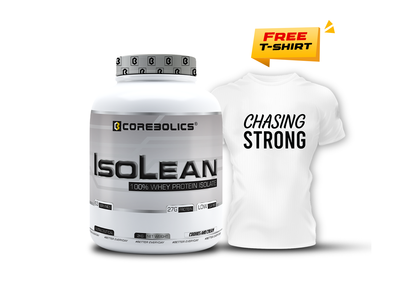 Corebolics Isolean 100% Whey Protein Isolate ( 2 kg, 63 Servings ) + FREE  Samples And Protein Bar