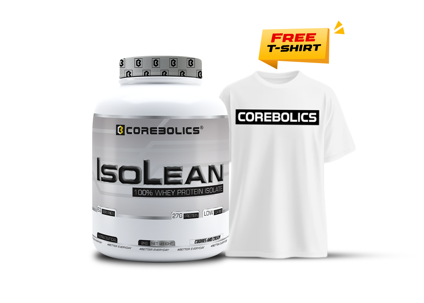 Corebolics Isolean 100% Whey Protein Isolate ( 2 kg, 63 Servings ) + FREE T-Shirt