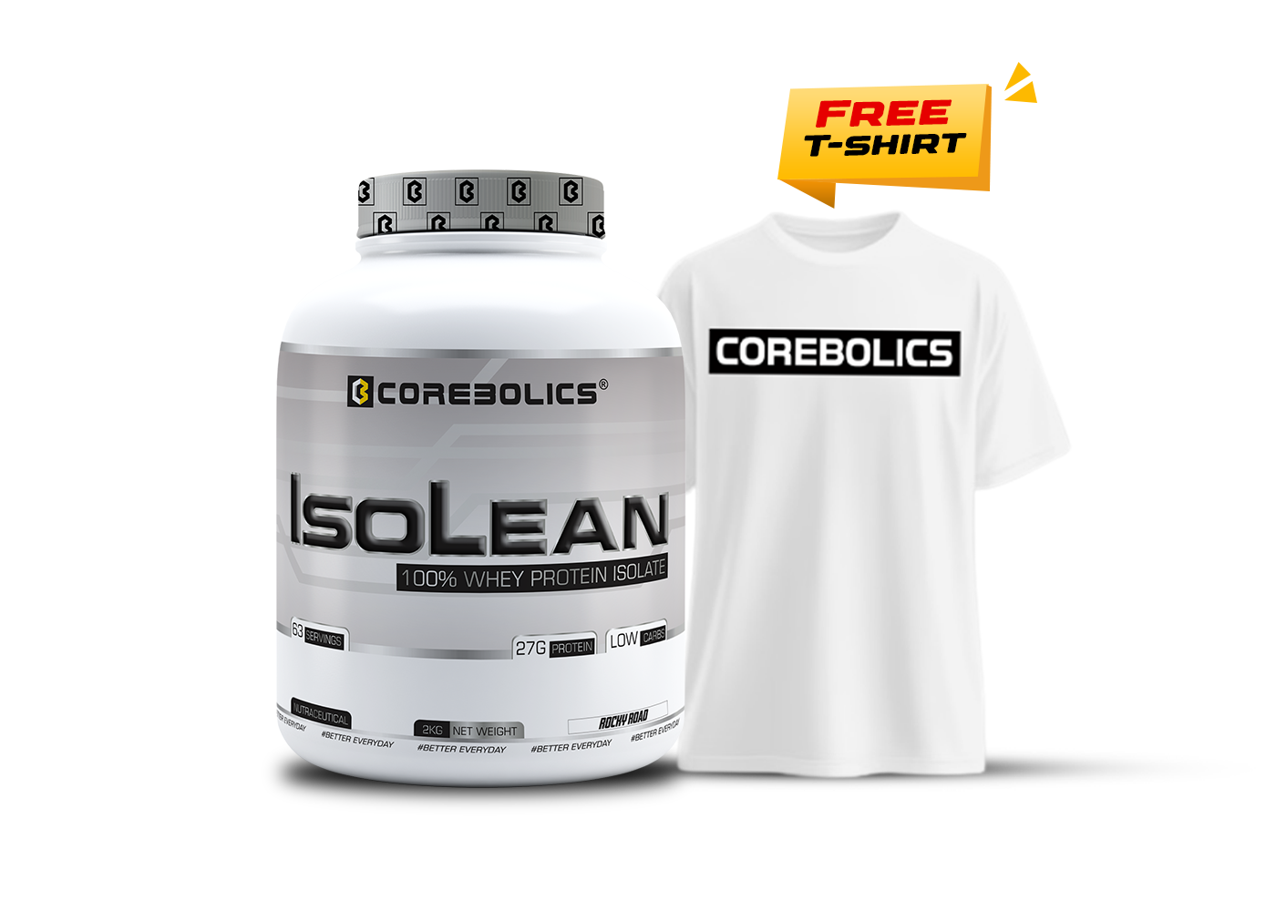 Corebolics Isolean 100% Whey Protein Isolate ( 2 kg, 63 Servings ) + FREE T-Shirt