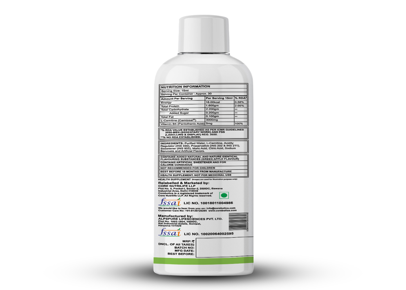 Corebolics L-carntine liquid green apple flavor