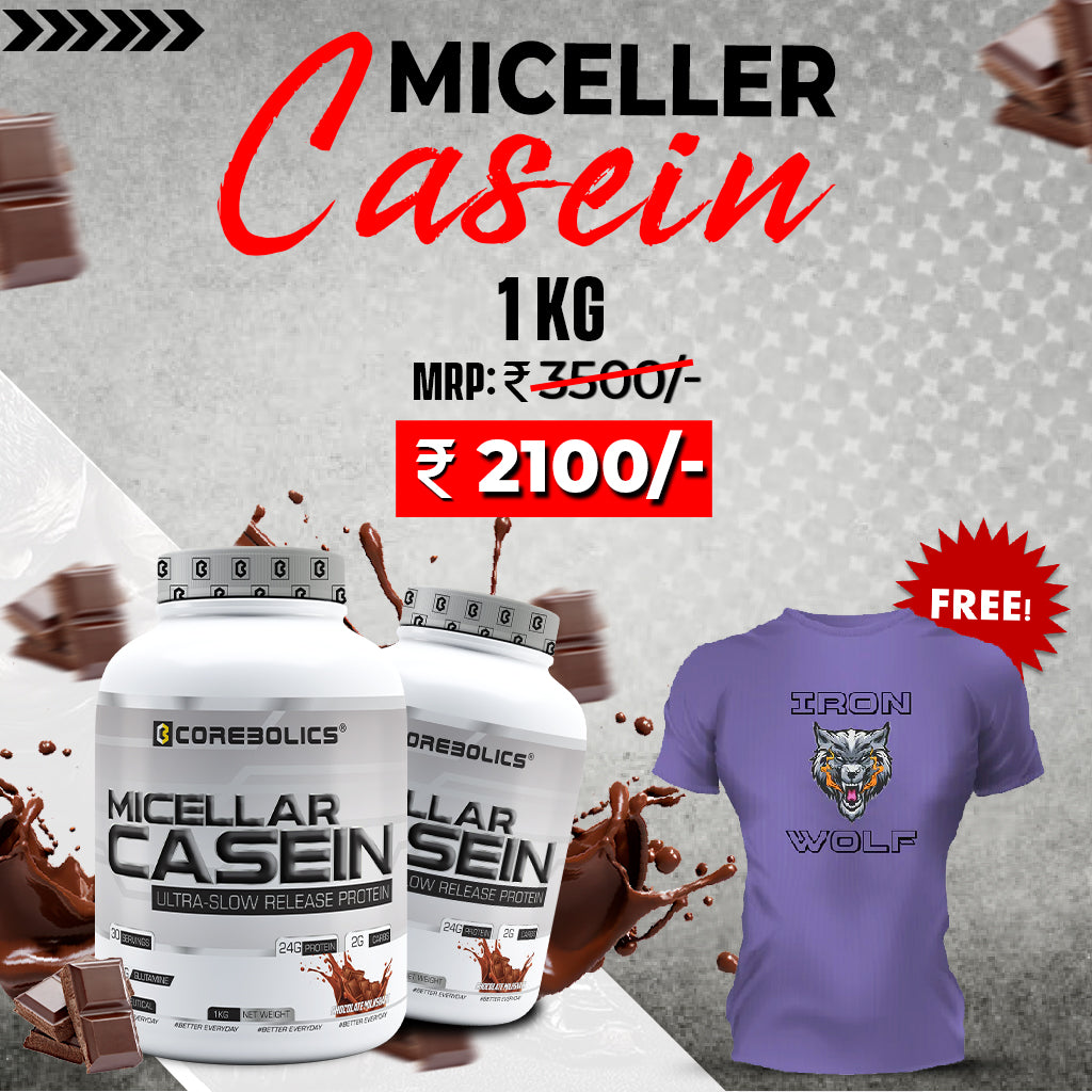 Corebolics Micellar Casein Ultra-Slow Release Protein (Chocolate, 1 kg, 30 Servings) + FREE T-SHIRT