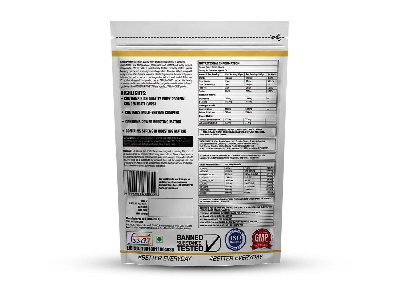 Corebolics Monster Whey - Whey Concentrate Formula 1 kg - 28 Servings