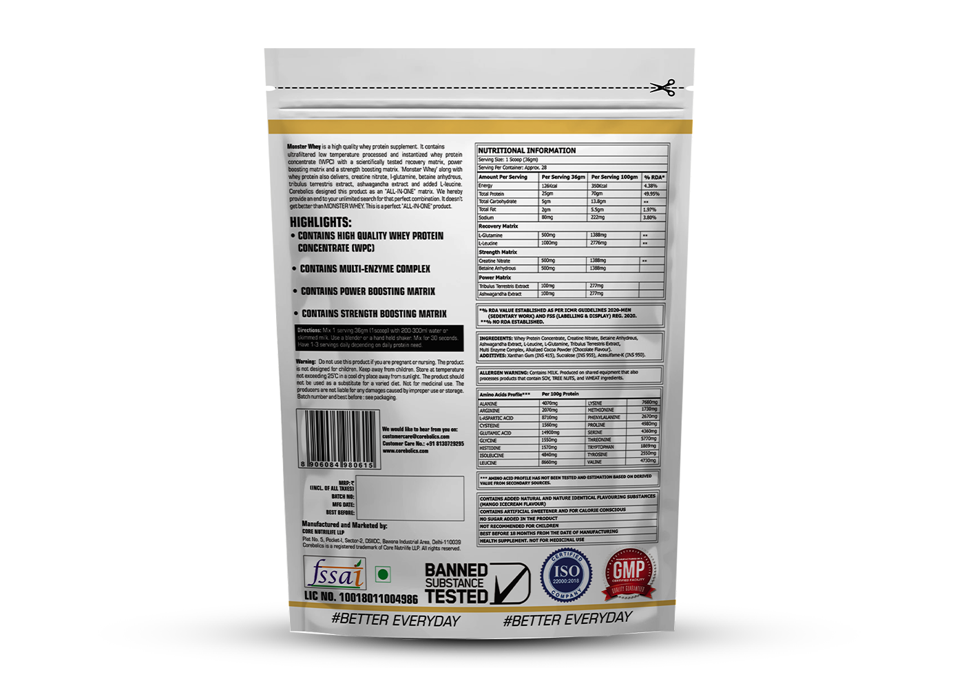 Corebolics Monster Whey - Whey Concentrate Formula 1 kg - 28 Servings