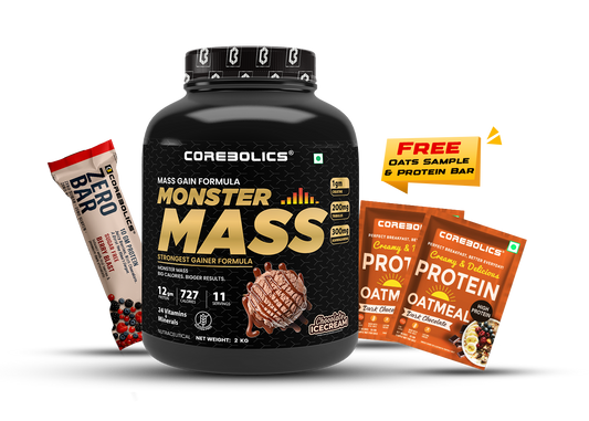 Corebolics Monster Mass ( 2KG, 11 Servings ) + Free 2 Oats Sample & 1 Protein Bar