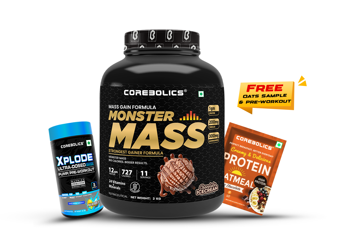 Corebolics Monster Mass ( 2KG, 11 Servings ) + Free 1 Oats Sample & 1 Pre-Workout (45G)