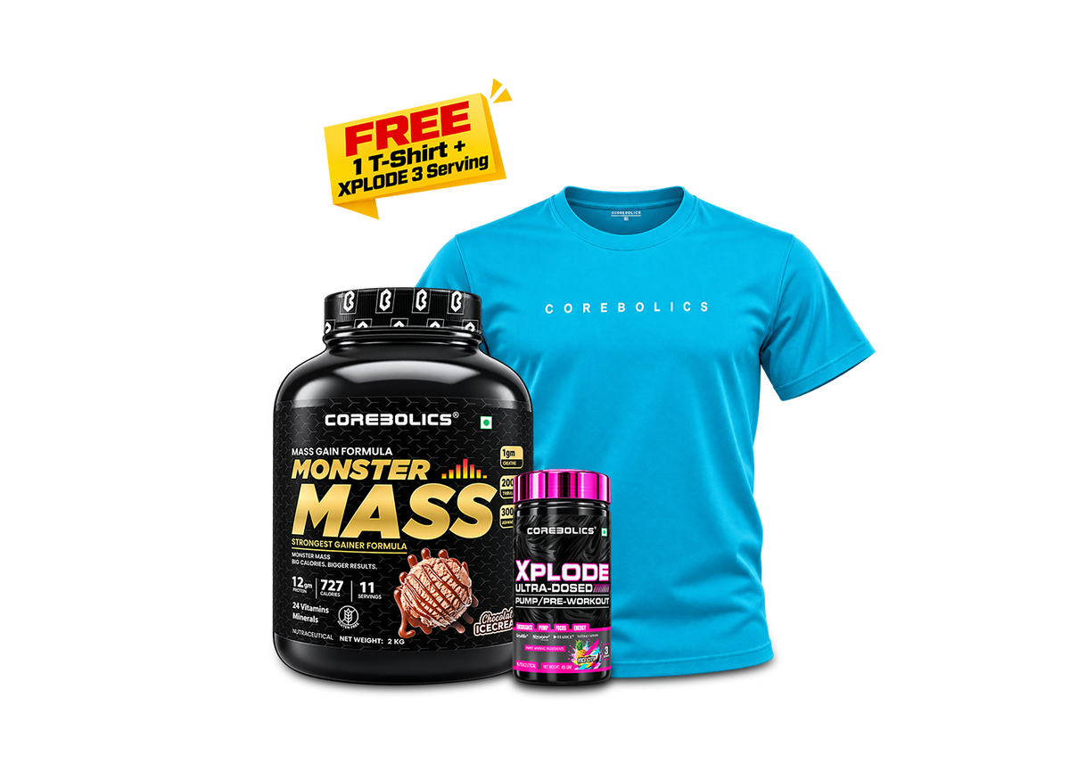 Monster Mass 2KG Combo Offer | Free T-Shirt & XPLODE Pre workout ( 3 Serving )