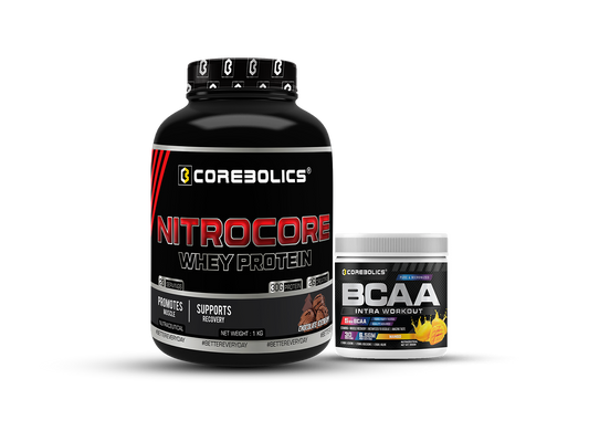 Corebolics nitrocore whey protein 1kg chocolate icecream with bcaa intra workout with mango flavor