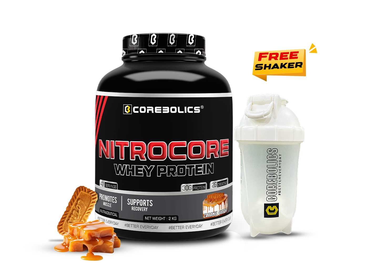 COREBOLICS NITROCORE WHEY PROTEIN ( 2 KG, 47 SERVINGS ) + Free Shaker