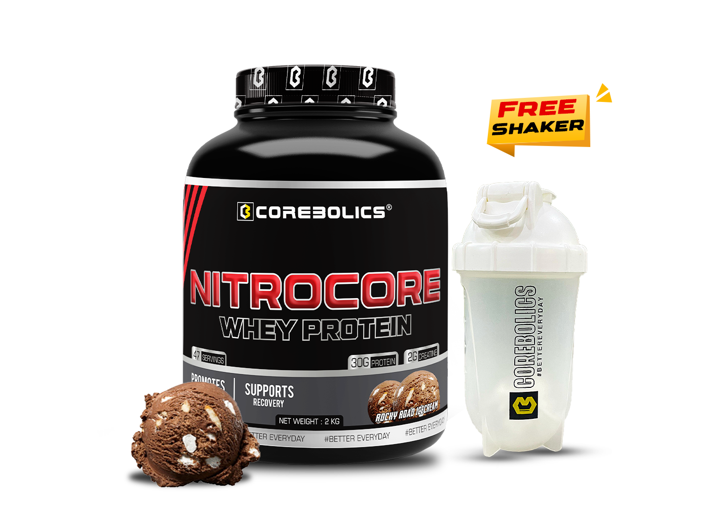 COREBOLICS NITROCORE WHEY PROTEIN ( 2 KG, 47 SERVINGS ) + Free Shaker