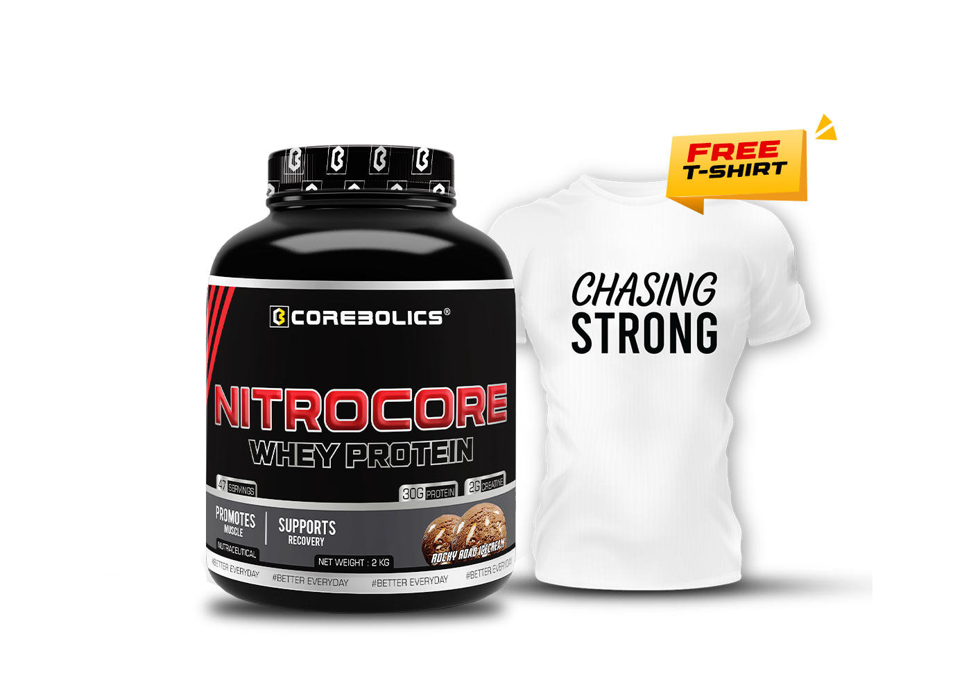 COREBOLICS NITROCORE WHEY PROTEIN ( 2 KG, 47 SERVINGS ) Free T-Shirt