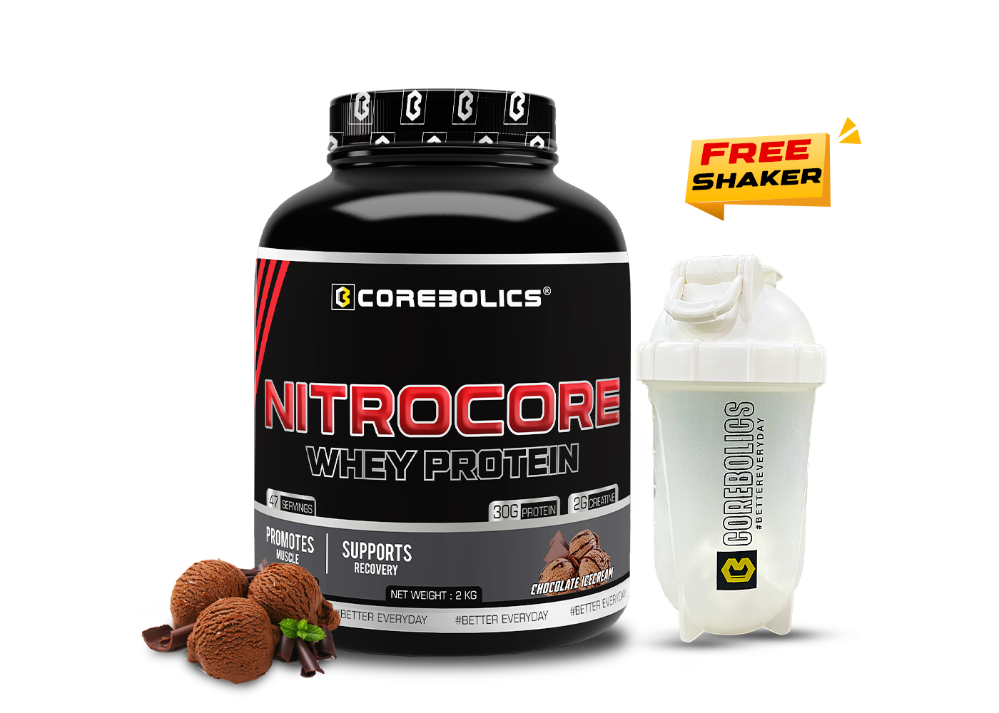 COREBOLICS NITROCORE WHEY PROTEIN ( 2 KG, 47 SERVINGS ) + Free Shaker
