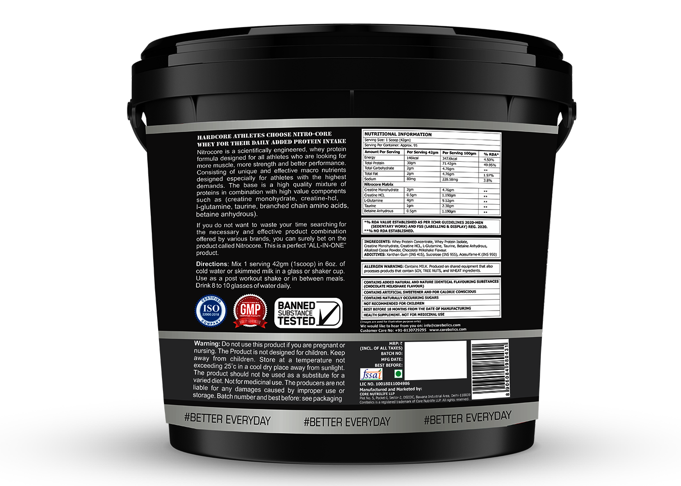 Corebolics Nitrocore Whey Protein ( 4kg, 95 Servings ) + FREE GYM BAG, SHAKER and T-Shirt