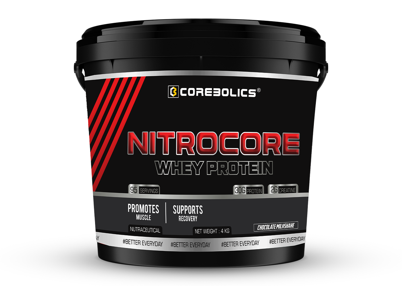 Corebolics Nitrocore Whey Protein ( 4kg, 95 Servings ) + FREE GYM BAG, SHAKER and T-Shirt