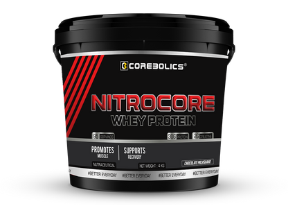 Corebolics Nitrocore Whey Protein ( 4kg, 95 Servings ) + FREE GYM BAG, SHAKER and T-Shirt