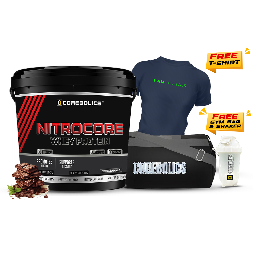 Corebolics Nitrocore Whey Protein ( 4kg, 95 Servings ) + FREE GYM BAG, SHAKER and T-Shirt