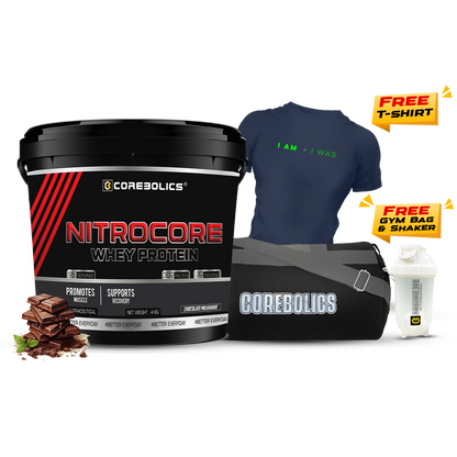 Corebolics Nitrocore Whey Protein ( 4kg, 95 Servings ) + FREE GYM BAG, SHAKER and T-Shirt