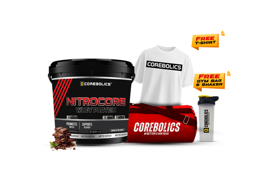 Corebolics nitrocore whey protein 4kg chocolate icecream flavor with  t-shirt, bag & shaker