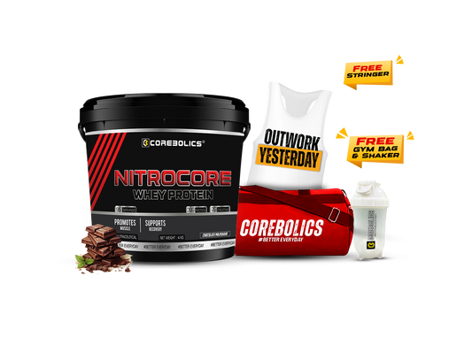 Corebolics Nitrocore Whey Protein ( 4kg, 95 Servings ) + FREE GYM BAG, SHAKER and Stringer