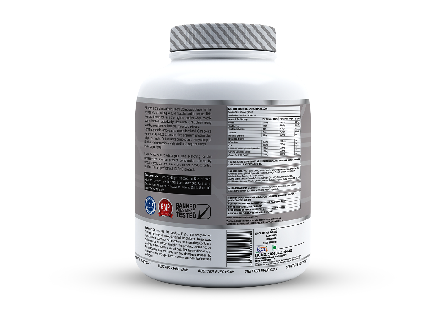 COREBOLICS NITROLEAN - DIET WHEY PROTEIN ( 2 KG, 48 SERVINGS ) + Free Shaker