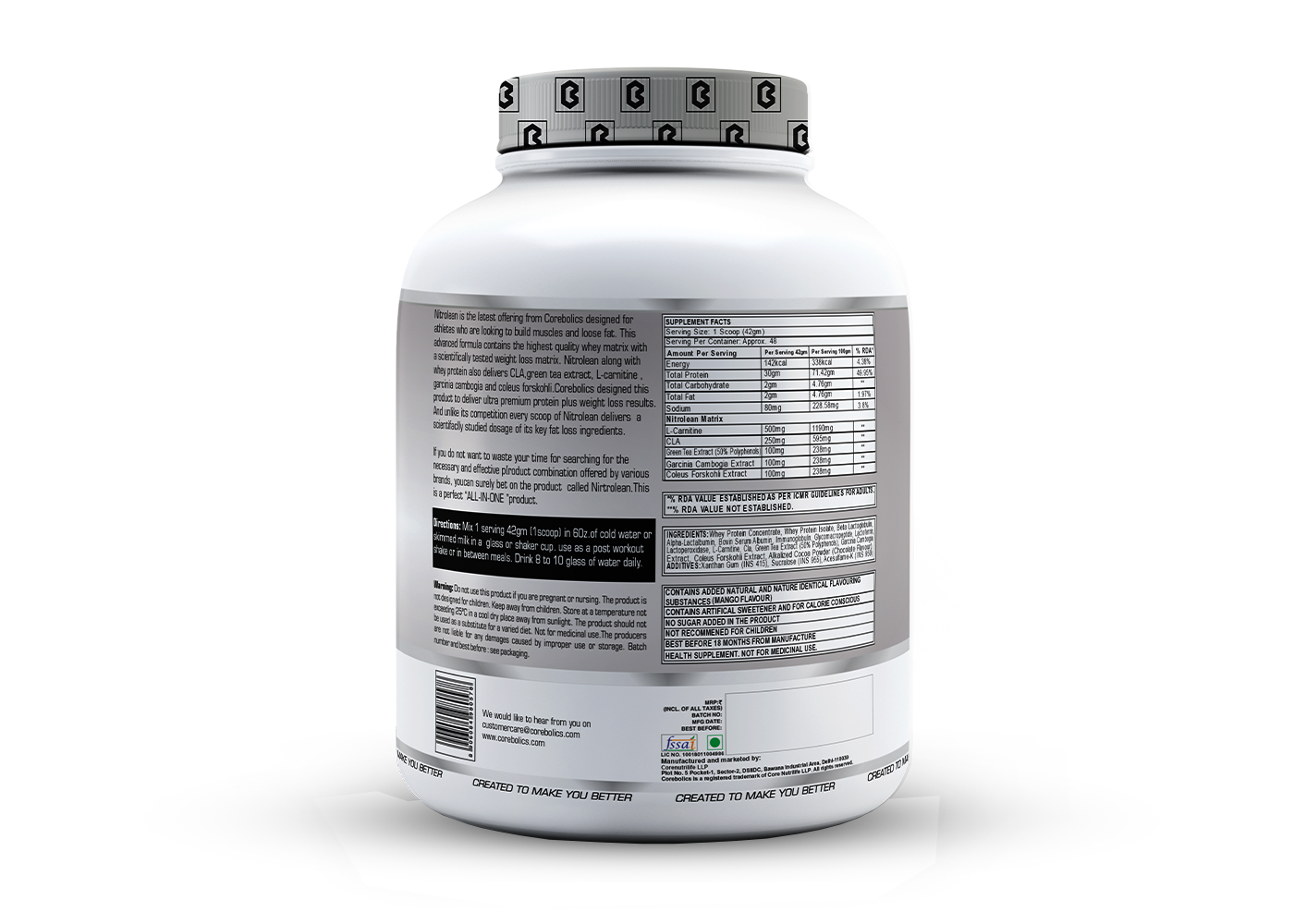 COREBOLICS NITROLEAN - DIET WHEY PROTEIN ( 2 KG, 48 SERVINGS ) + Free Shaker