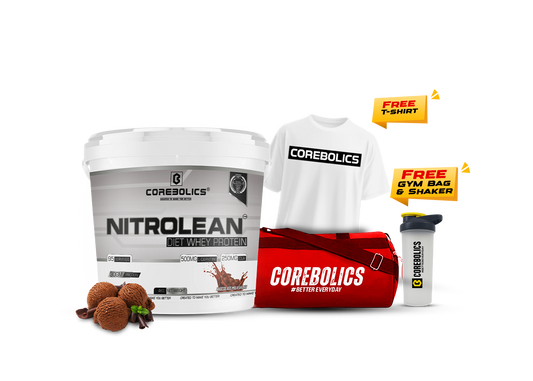 Corebolics nitrolean diet  protein 4kg chocolate icecream flavor with t-shirt , bag & shaker