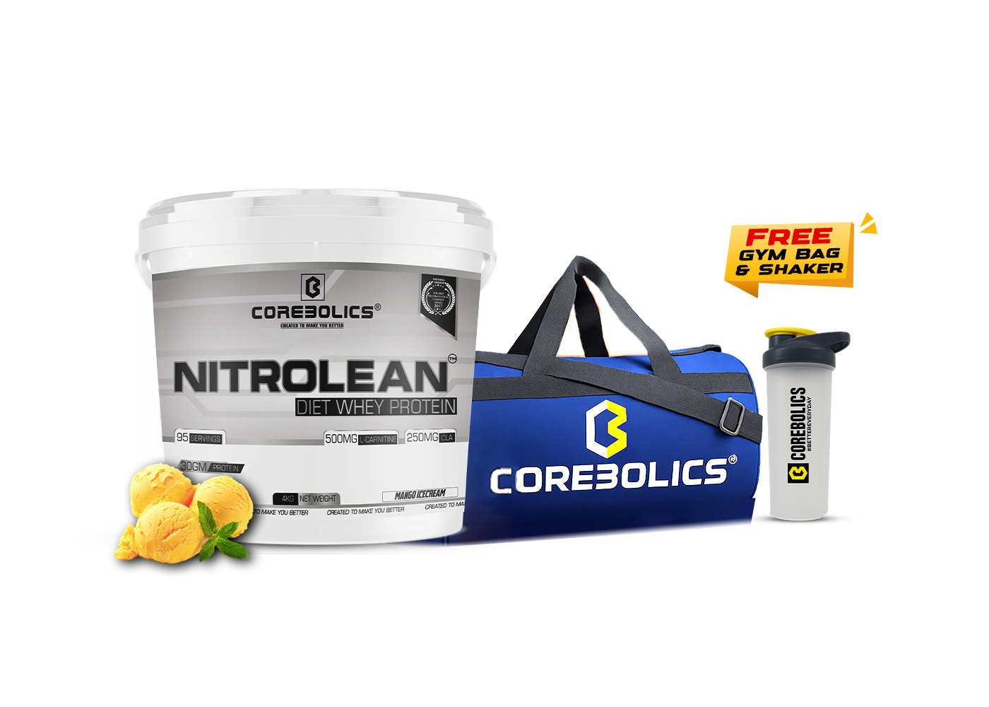 Corebolics Nitrolean - Diet Whey Protein (4kg, 95 Servings) + FREE GYM BAG And SHAKER