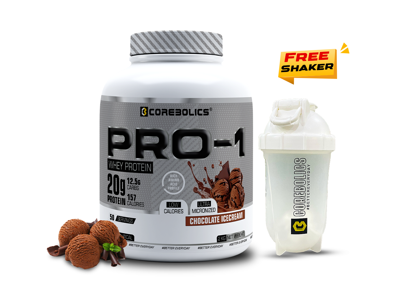 Corebolics Pro-1 Whey Protein (2 kg, 50 Serving) + Free Shaker