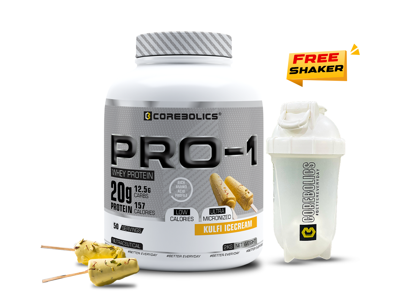 Corebolics Pro-1 Whey Protein (2 kg, 50 Serving) + Free Shaker