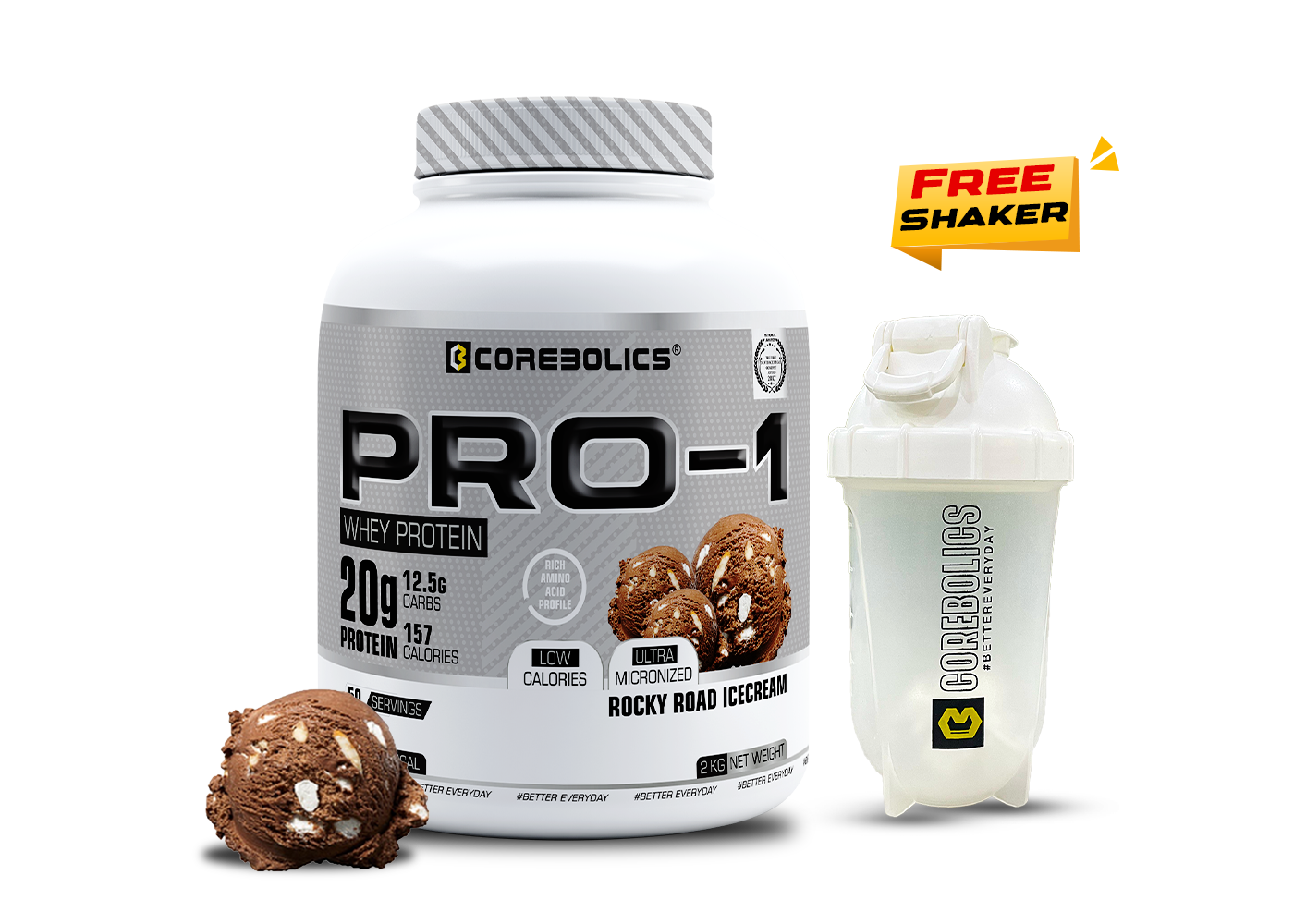 Corebolics Pro-1 Whey Protein (2 kg, 50 Serving) + Free Shaker