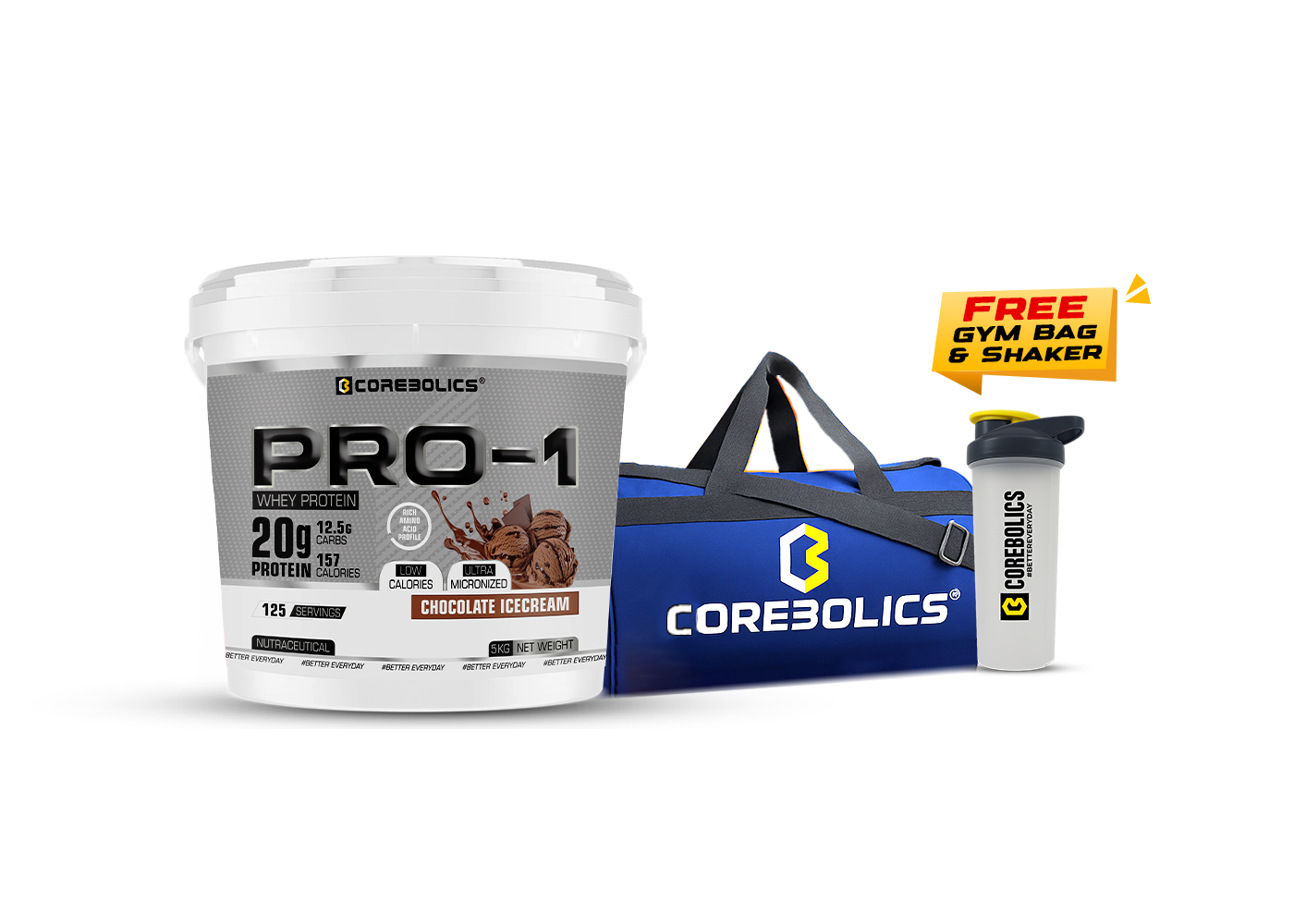 Corebolics Pro-1 Whey Protein ( 5kg, 125 Serving ) + FREE GYM BAG And SHAKER